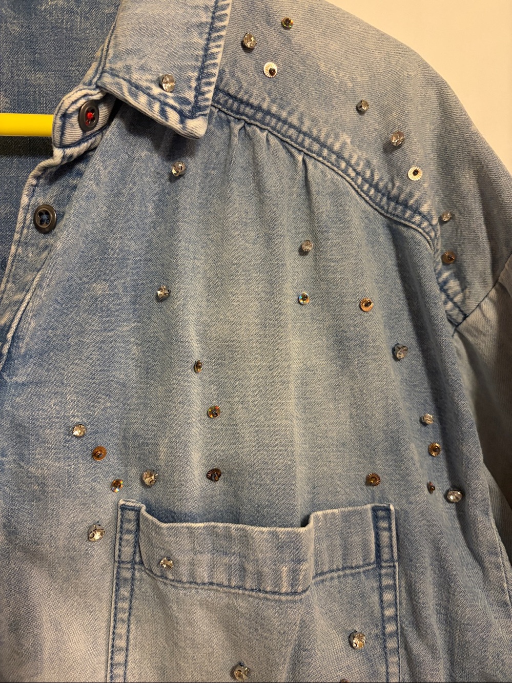 Pilcro RHINESTONE Blue Studded Denim Button-Down Shirt LARGE w/Beads - Picture 4 of 10